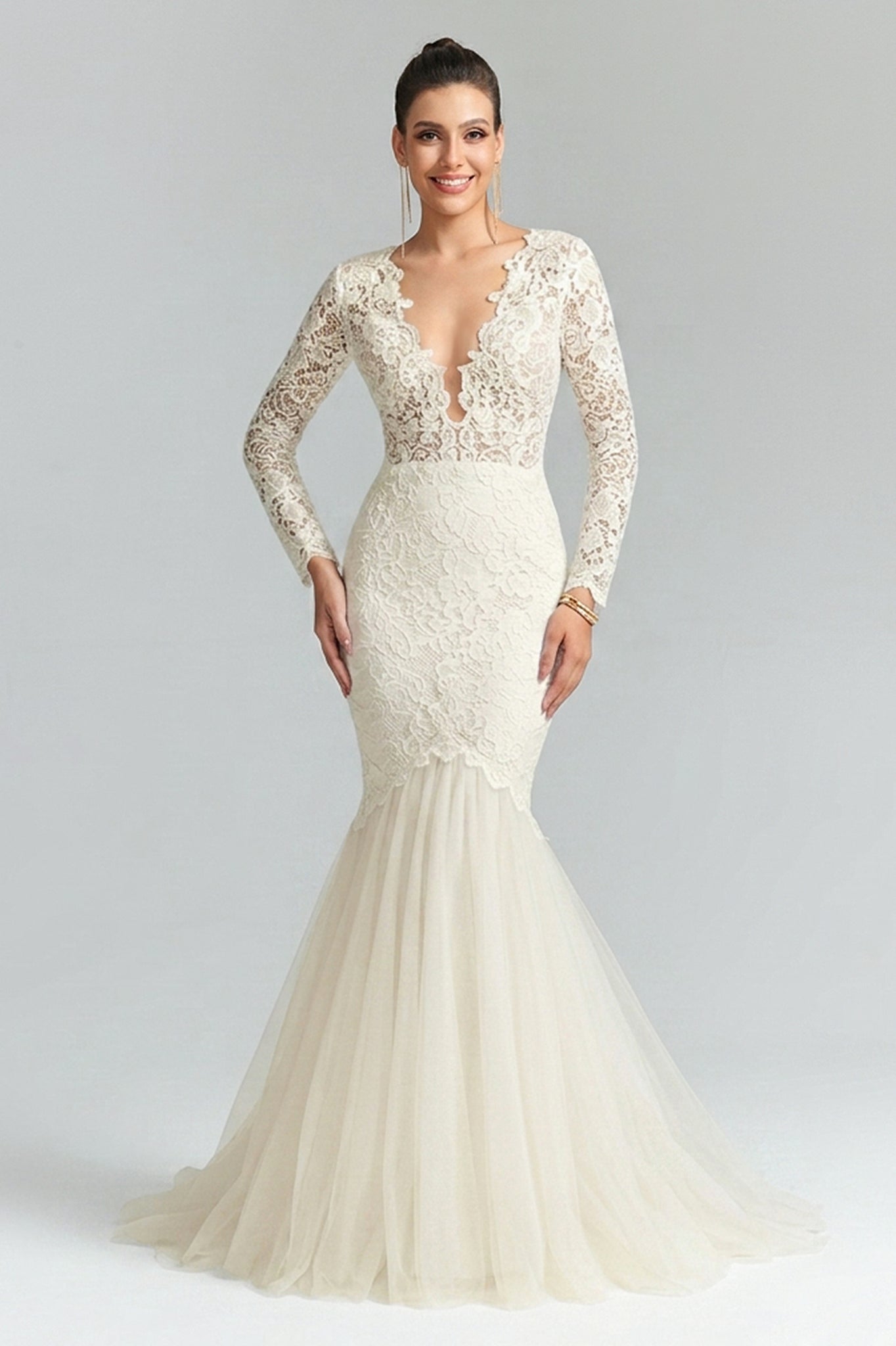 Long Sleeves V-neck Lace Boho Wedding Dress Angrila Long Sleeves V-neck Lace Boho Wedding Dress Angrila