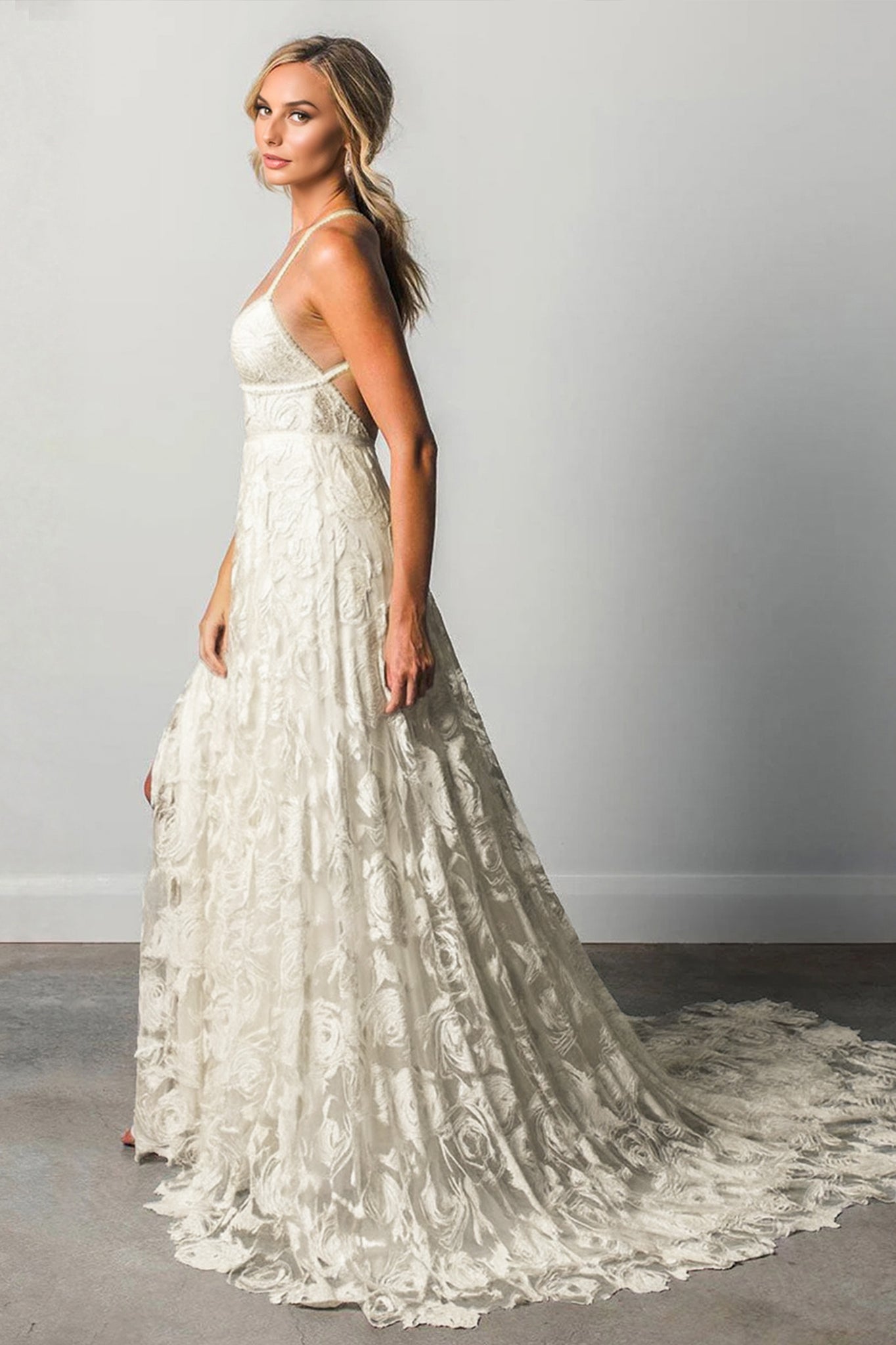 Stunning A-line Spaghetti Straps Split Lace Boho Long Beach Wedding Dr Angrila Stunning A-line Spaghetti Straps Split Lace Boho Long Beach Wedding Dr Angrila