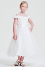 White Organza Off Shoulder Corset lace - up Beaded Flower Girl Dress