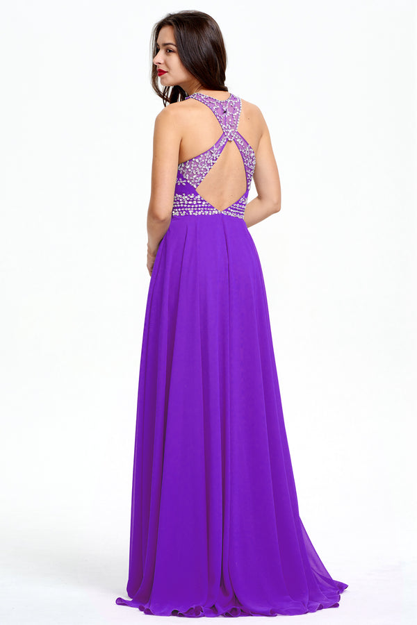 Purple Cutout-Back Beaded Halter Chiffon A-Line Evening Dress