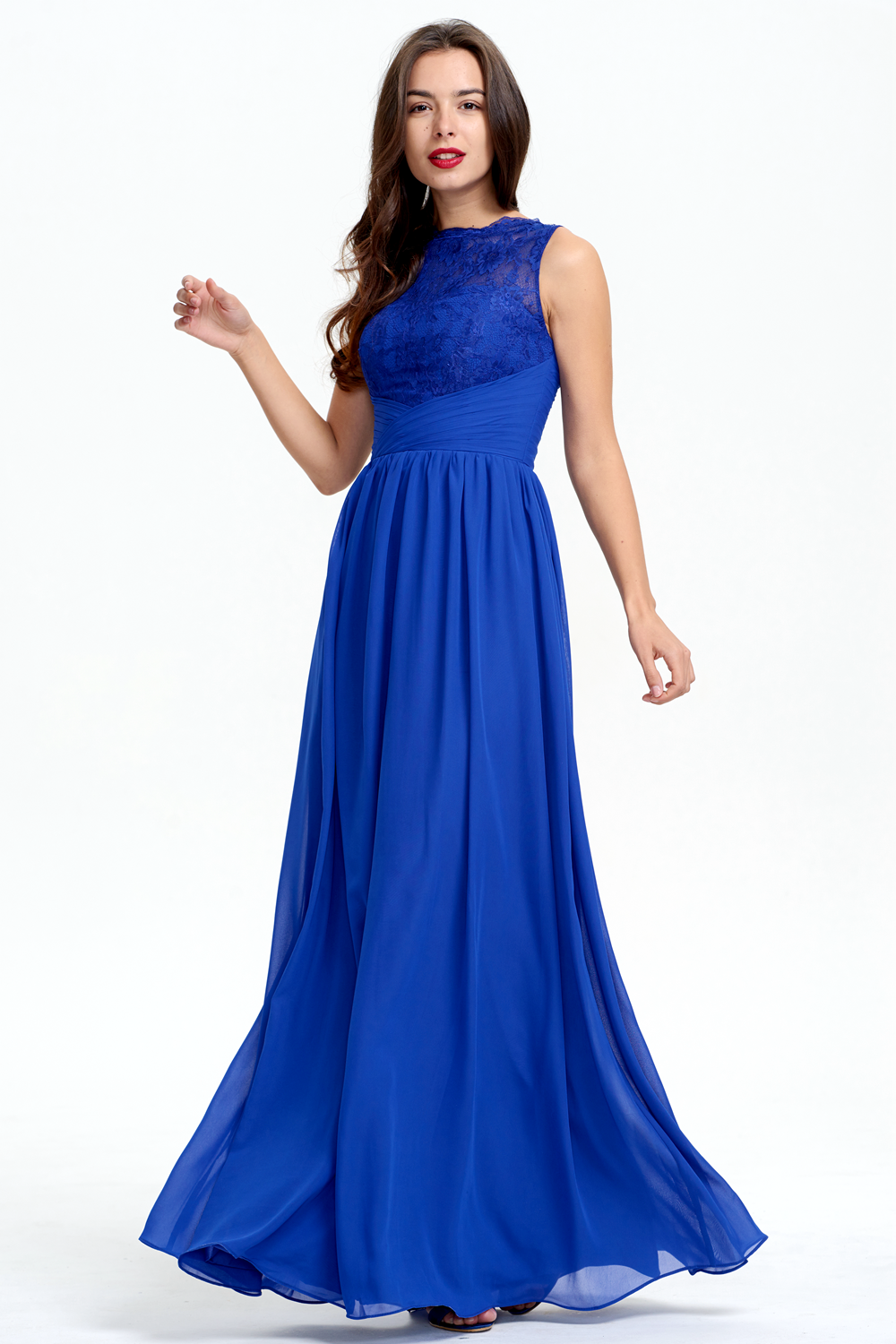 Sleeveless A-line Long Lace Appliques Chiffon Prom Dress