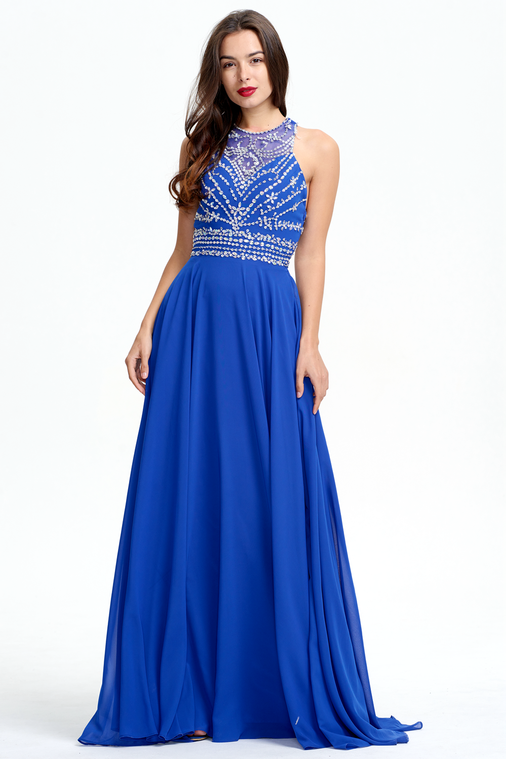 Cutout-Back Beaded Halter Chiffon A-Line Evening Dress