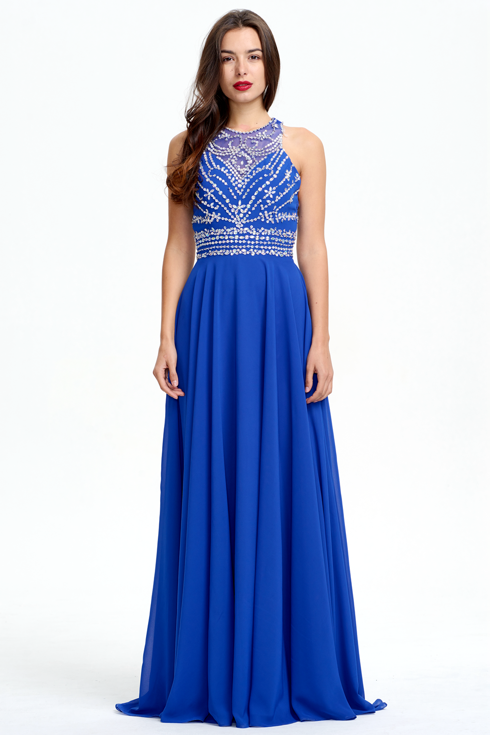 Cutout-Back Beaded Halter Chiffon A-Line Evening Dress