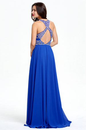 Royal Blue Cutout-Back Beaded Halter Chiffon A-Line Evening Dress
