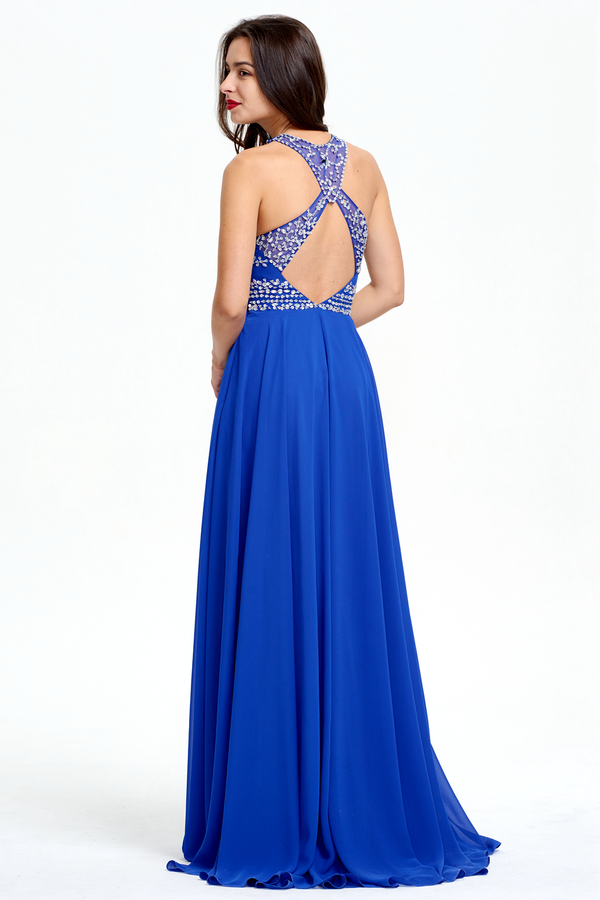 Royal Blue Cutout-Back Beaded Halter Chiffon A-Line Evening Dress