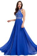 Royal Blue Cutout-Back Beaded Halter Chiffon A-Line Evening Dress