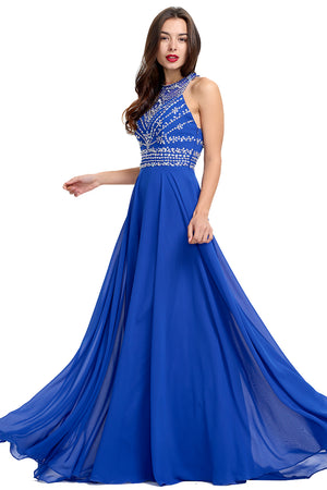 Royal Blue Cutout-Back Beaded Halter Chiffon A-Line Evening Dress