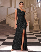 Sparkly Rose gold Sequin One Shoulder Ruched Long Prom Dress with Slit