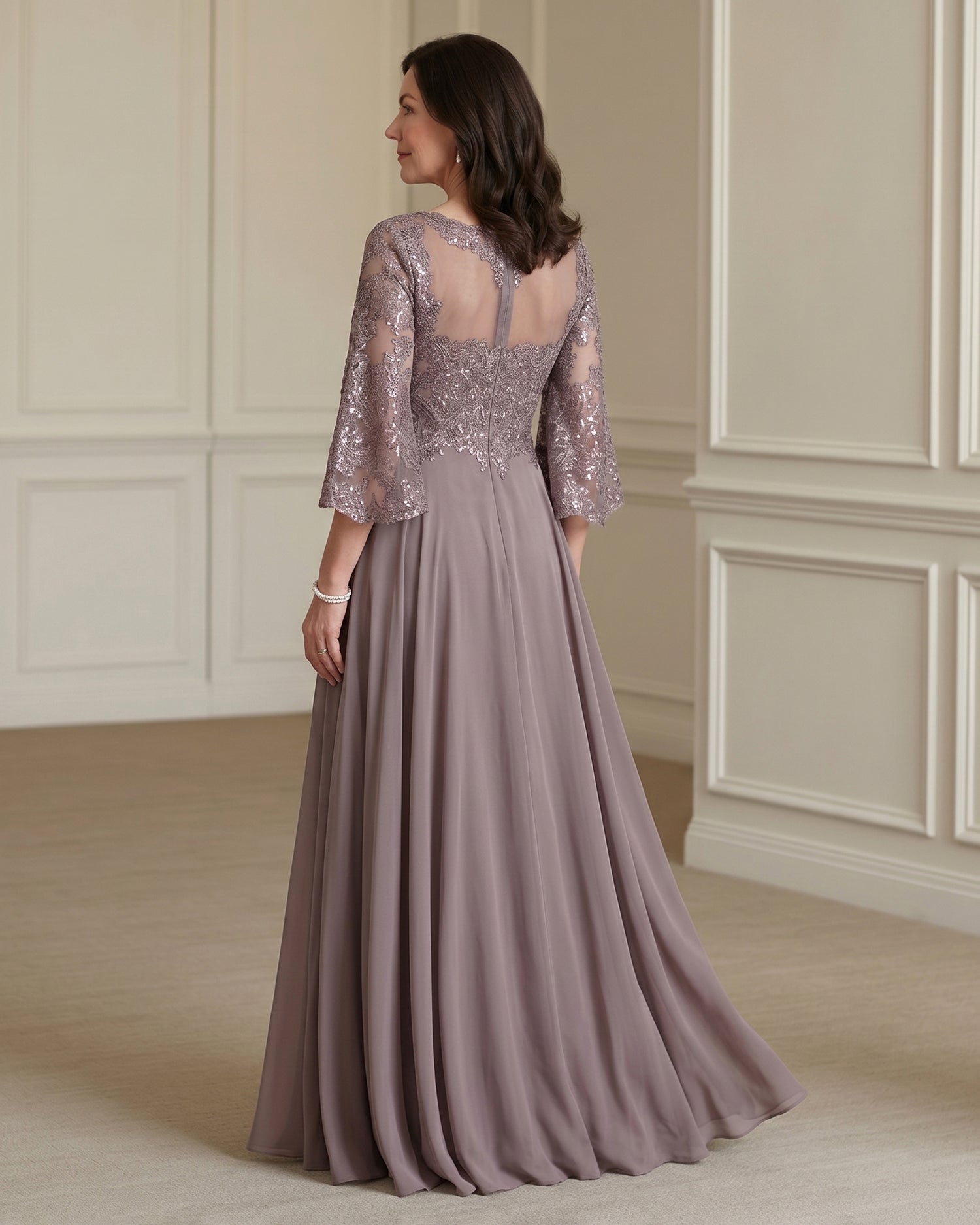 A-line/Princess Bateau Half Sleeve Long/Floor-Length Chiffon Dress With Appliqued