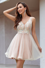 V Neck Floral Applique Tulle Short Homecoming Dress with Low V Back