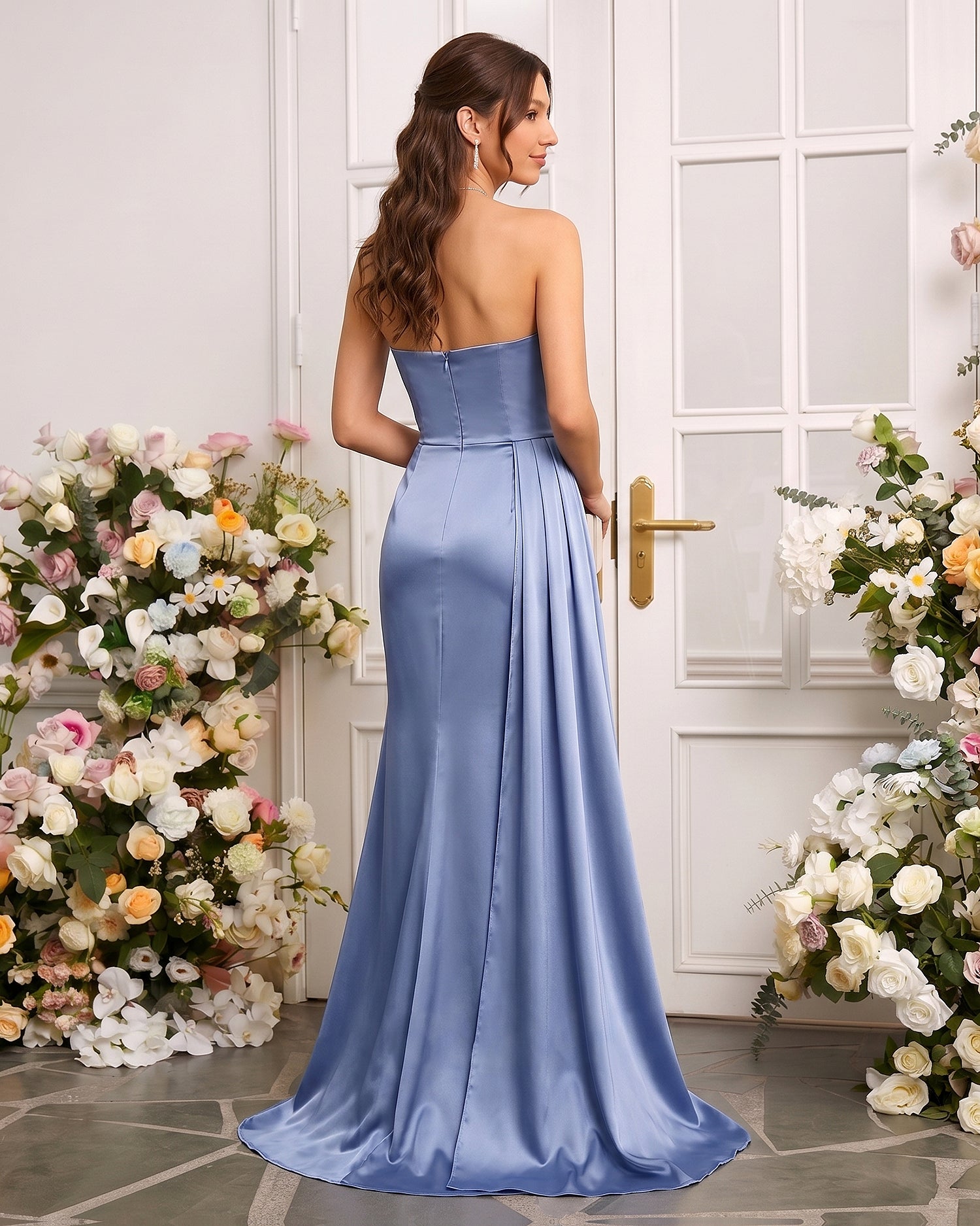 Dusty Blue Sleeveless Sweep Train Silk like Satin Prom Dresses With Pleated Split