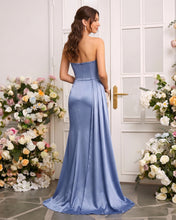 Dusty Blue Sleeveless Sweep Train Silk like Satin Prom Dresses With Pleated Split
