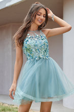 High Neck Floral Applique Tulle Short Homecoming Dress with Keyhole Back