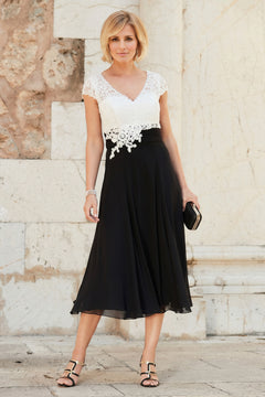 Ivory-Black Tea-Length Cap-Sleeve Lace and Chiffon Mother of the Bride Dress