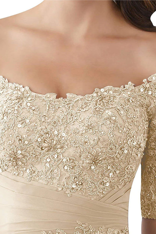 Champagne Off-the-Shoulder Lace and Chiffon Mother of the Bride Gown