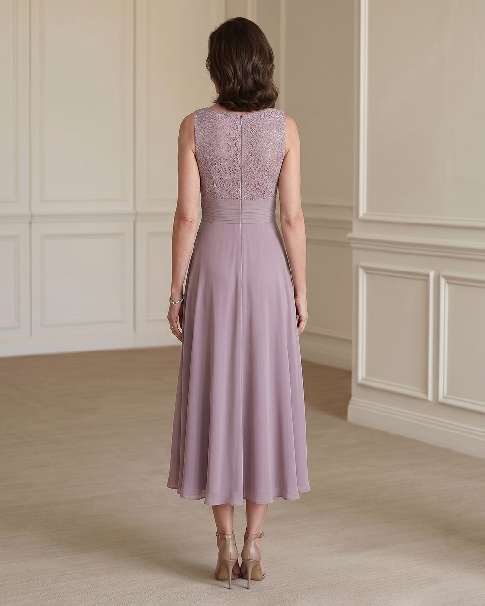 Tea-Length Lace and Chiffon Mother of the Bride Dress with Jacket