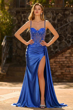 Thin-Strapped Satin Lace Appliques Slit Mermaid Prom Evening Dress