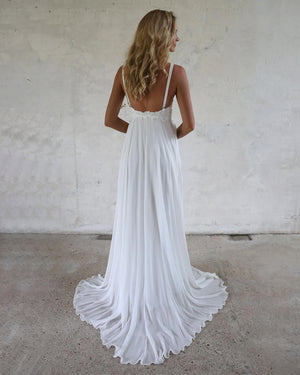Low-Back Lace and Chiffon A-Line Wedding Dress with Slim Straps