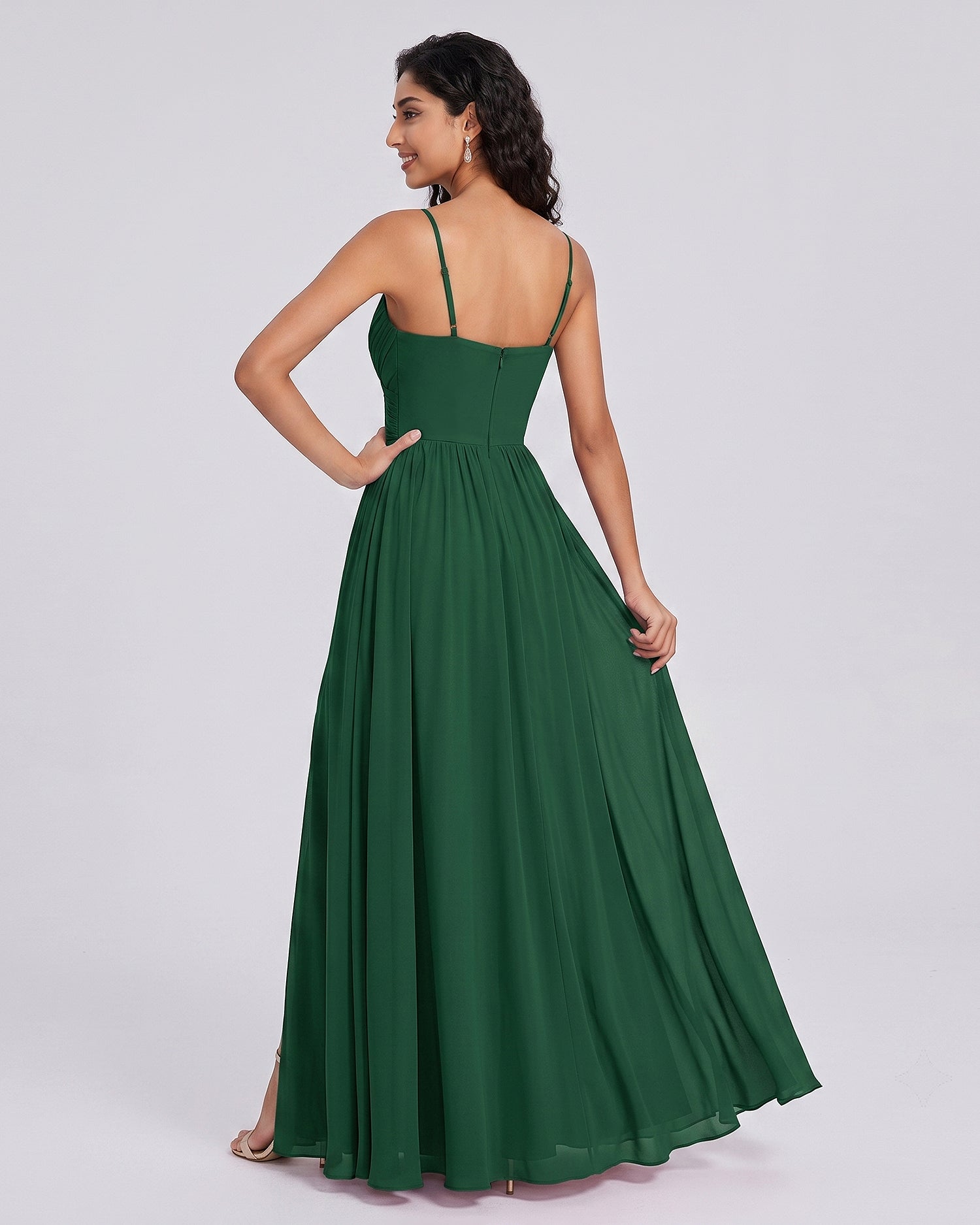 Dark Green A-line Spaghetti Straps Sweep Train Chiffon Prom Dress