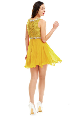 Yellow Illusion-Back Lace-Applique Chiffon A-Line Homecoming Dress