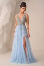 V-Neck Sequined Bodice Tulle Prom Dresses with Slit