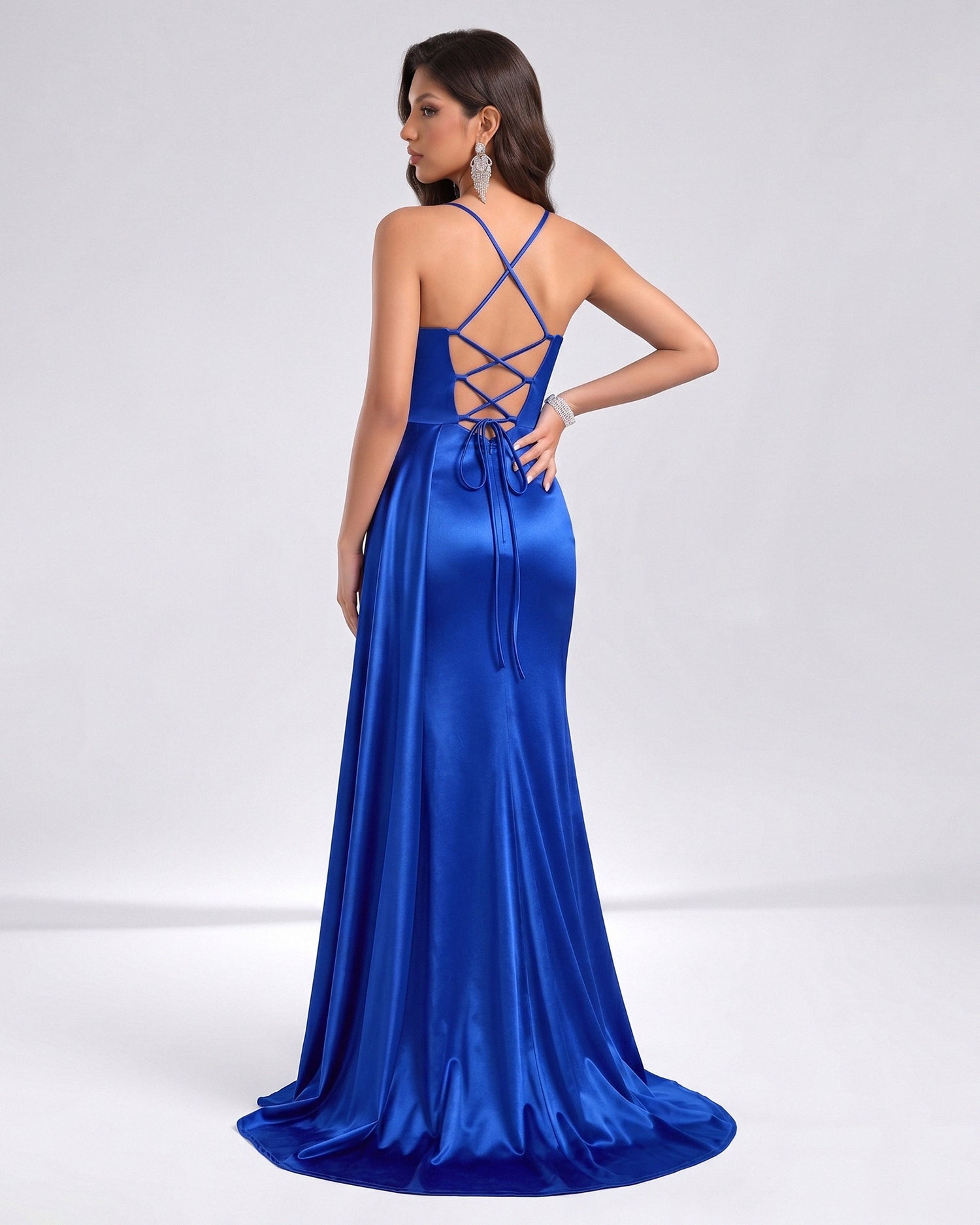 Royal Blue Scoop Mermaid Sleeveless Sweep Train Silk like Satin Ruched Prom Dress