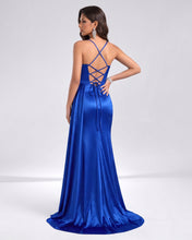 Royal Blue Scoop Mermaid Sleeveless Sweep Train Silk like Satin Ruched Prom Dress