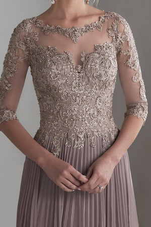 Dusk 3/4-Sleeve Lace and Pleated Chiffon Mother of the Bride Gown