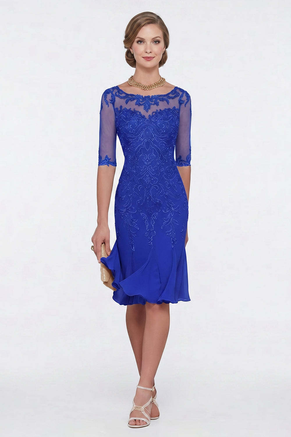 Half-Sleeve Lace Sheath Mother of the Bride Dress with Chiffon Ruffle Hem