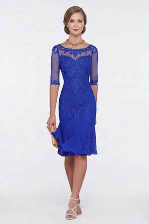 Half-Sleeve Lace Sheath Mother of the Bride Dress with Chiffon Ruffle Hem