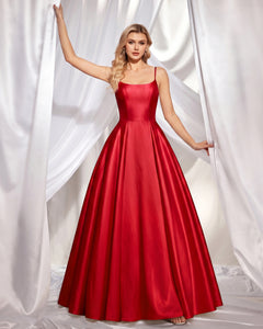 Ruby Red Square-Neck Satin A-Line Prom Dress with Lace-Up Back and Pockets