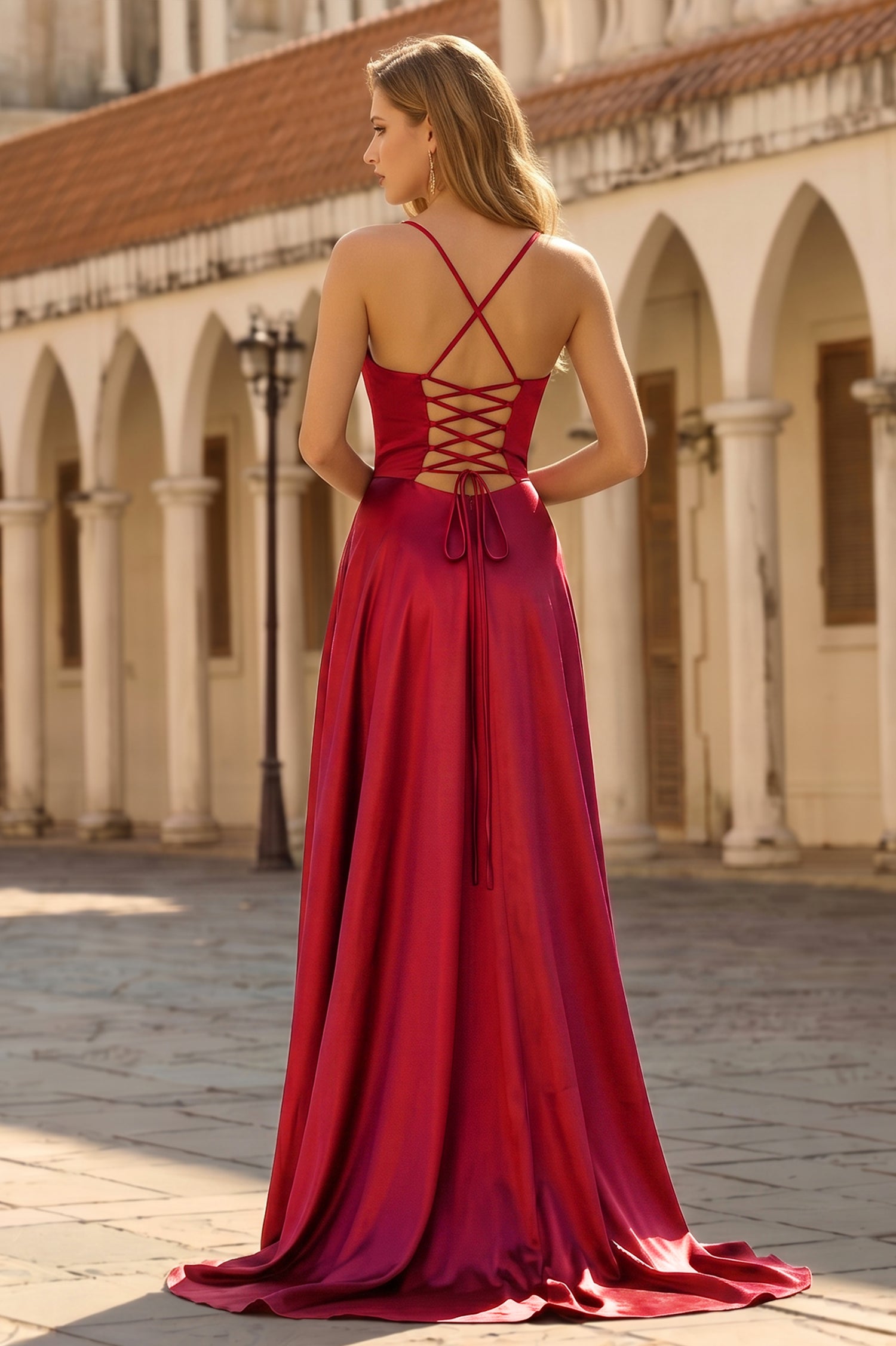 Spaghetti Straps Open Back Prom Dresses with Split