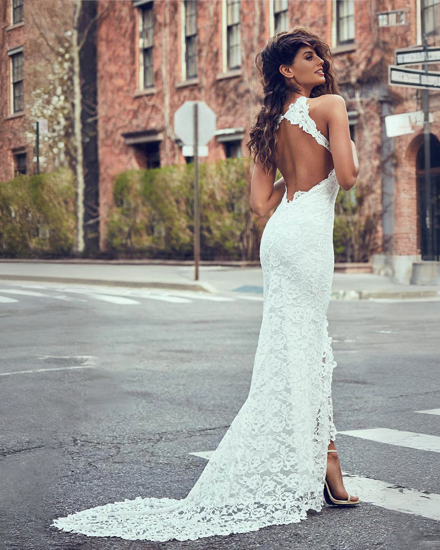 High Neck Sheath/Column Backless Lace Boho Wedding Dress with Long Train