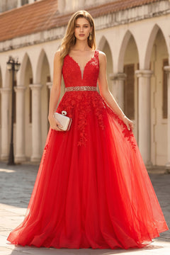 Ruby Red Low-Back Floral-Applique Tulle A-Line Prom Dress