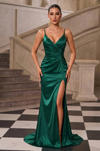 A-Line V-neck Sweep Train Front Wrinkle Satin Evening Dress