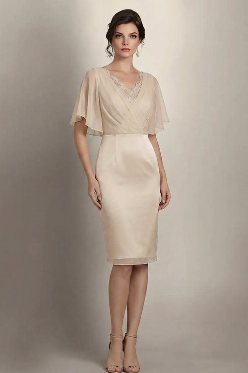 Flutter-Sleeve Lace-Inset Chiffon Sheath Mother of the Bride Dress