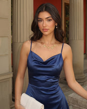 Simple Cowl Neck Navy Blue Satin Homecoming Dresses With Bow
