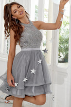 Halter Neck Lace Beaded Short Homecoming Dress A-Line Layered Tulle Cocktail Party Dress