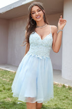 Spaghetti Strap Lace Applique Tulle Short Homecoming Dress with Criss Cross Back