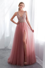 Tulle V-neck  A-line Floor-Length Sleeveless  Prom Dress With Beadings