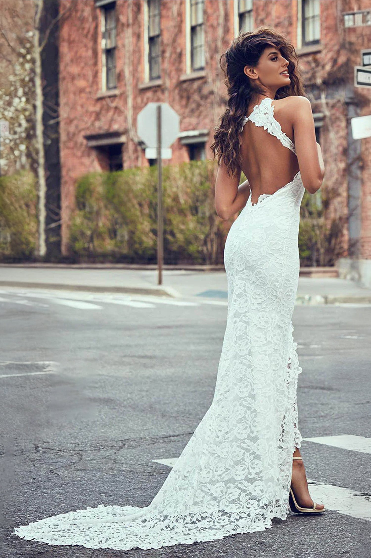 High Neck Sheath/Column Backless Lace Boho Wedding Dress with Long Train