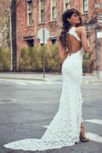 High Neck Sheath/Column Backless Lace Boho Wedding Dress with Long Train