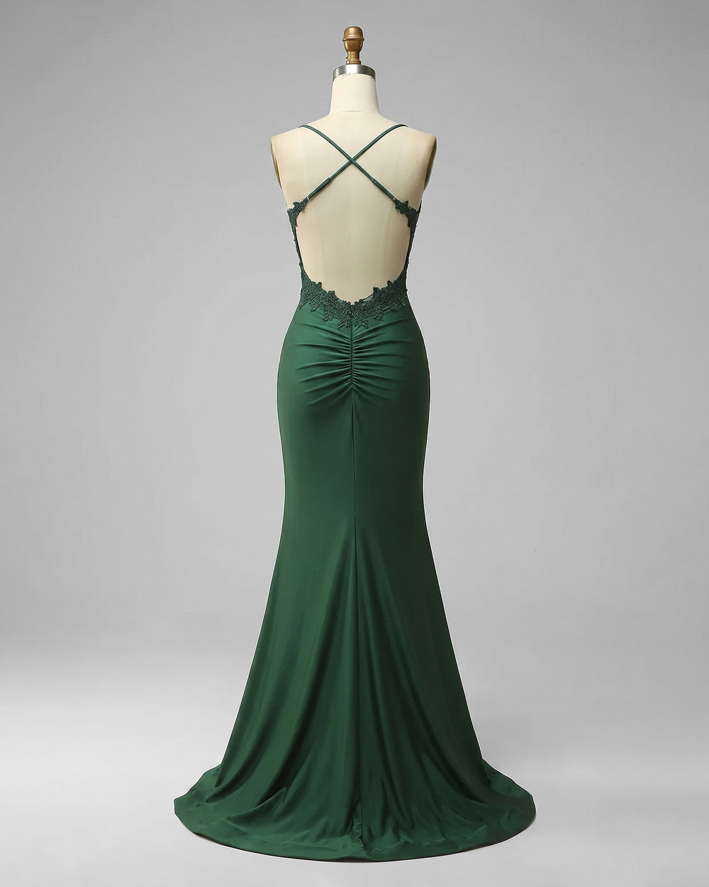 Crisscross-Back Lace-Applique Stretch Satin Mermaid Prom Dress