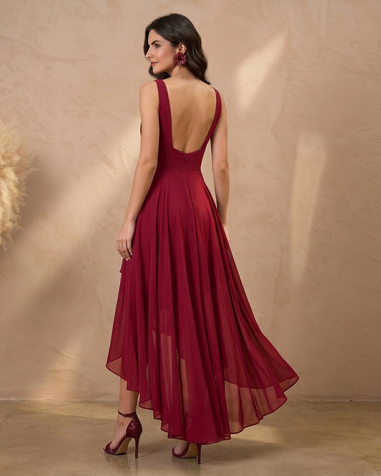 Burgundy V Neck Pleated Prom Dress High low