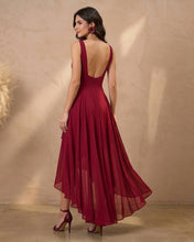 Burgundy V Neck Pleated Prom Dress High low
