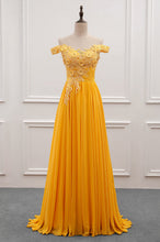 A-Line/Princess Chiffon Floor-Length Off-the-Shoulder Long Prom Dresses with Appliques Lace