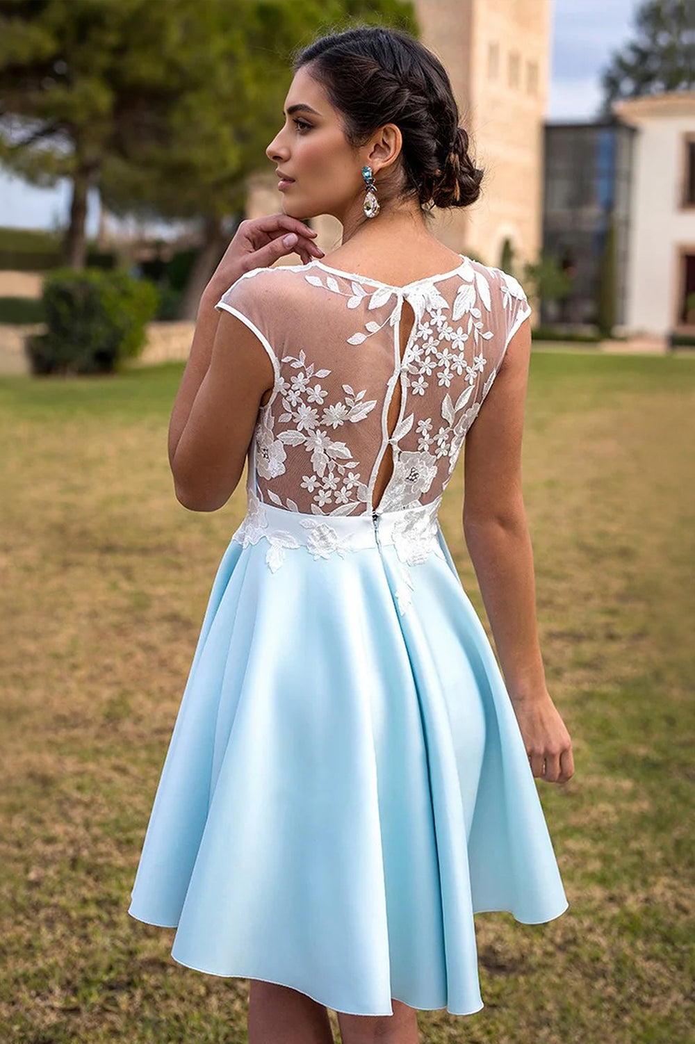 Illusion-Back Lace and Satin A-Line Homecoming Dress