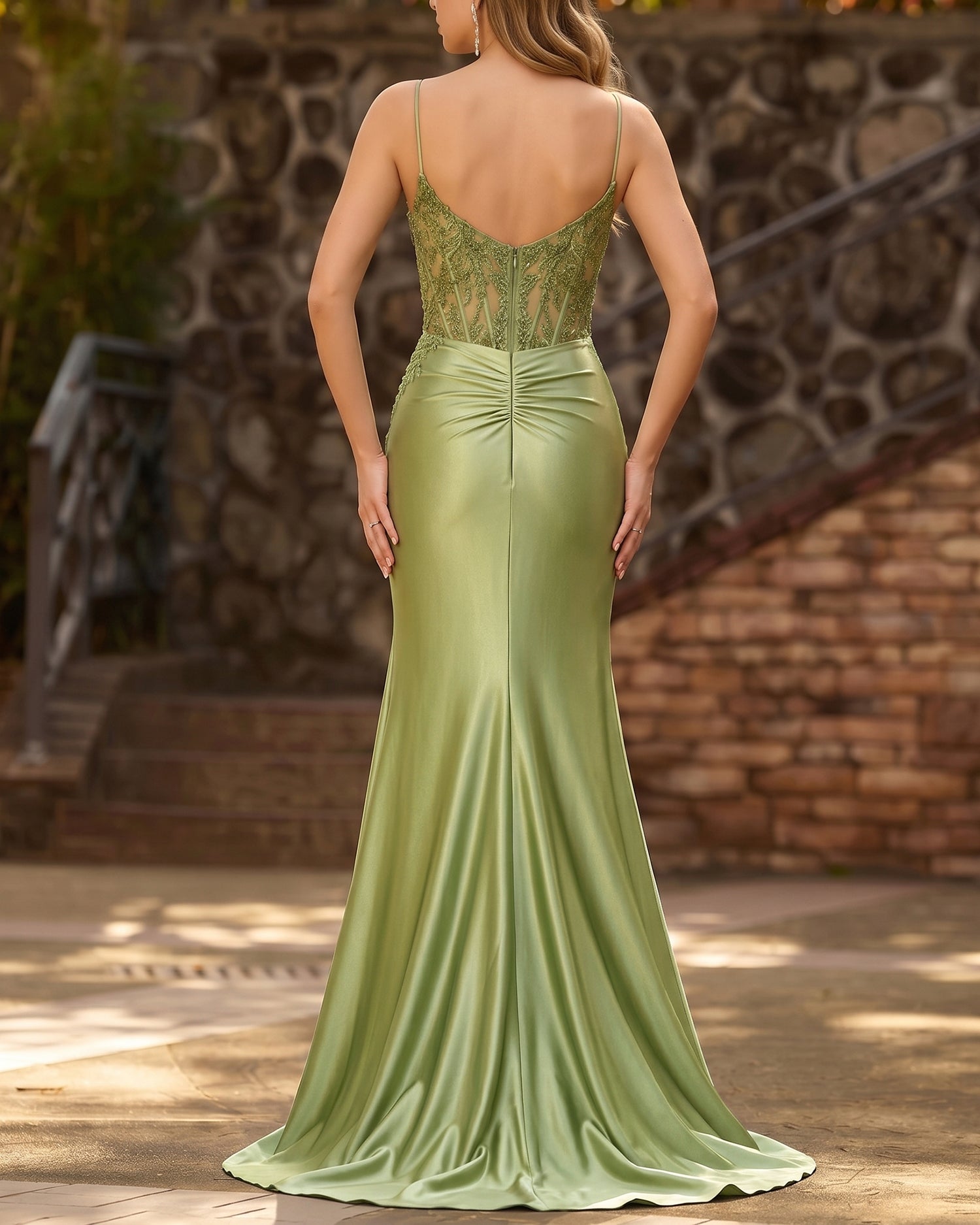 Green Applique Pleated Mermaid Prom Dress