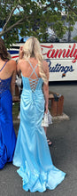 Sky Blue Pleated Slim Fitted Satin Slit Prom Dresses