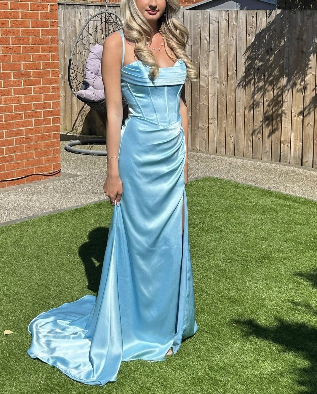 Sky Blue Pleated Slim Fitted Satin Slit Prom Dresses